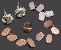 An 18ct gold signet ring and various gold and silver cufflinks