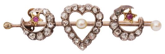 A delicate Victorian diamond heart set 'love' brooch