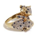 A Continental contemporary 9K Cartier style gold sapphire and diamond panther ring