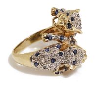 A Continental contemporary 9K Cartier style gold sapphire and diamond panther ring