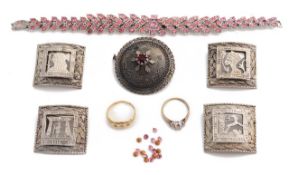 An Edwardian diamond gypsy ring and another ring and silver brooches