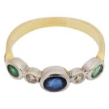 An emerald, sapphire and diamond half hoop ring