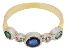 An emerald, sapphire and diamond half hoop ring