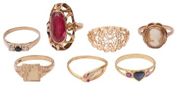 A sapphire and ruby set heart ring and a collection of gem set dress rings