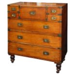 A late 19th century brass bound teak campaign secretaire chest