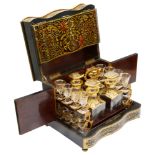 A 19th c. Fr. ebonised and red boulle work tabletop decanter box