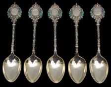 A set of five silver and enamel coffee spoons,