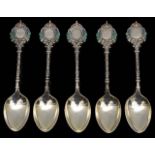 A set of five silver and enamel coffee spoons,