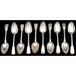 A set matched of ten, George III / IV silver fiddle pattern desert spoons