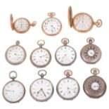 A collection of silver and gold plated pocket watches