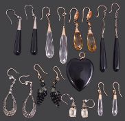 A good collection of early 20th c. citrine, crystal and onyx drop earrings