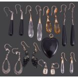 A good collection of early 20th c. citrine, crystal and onyx drop earrings