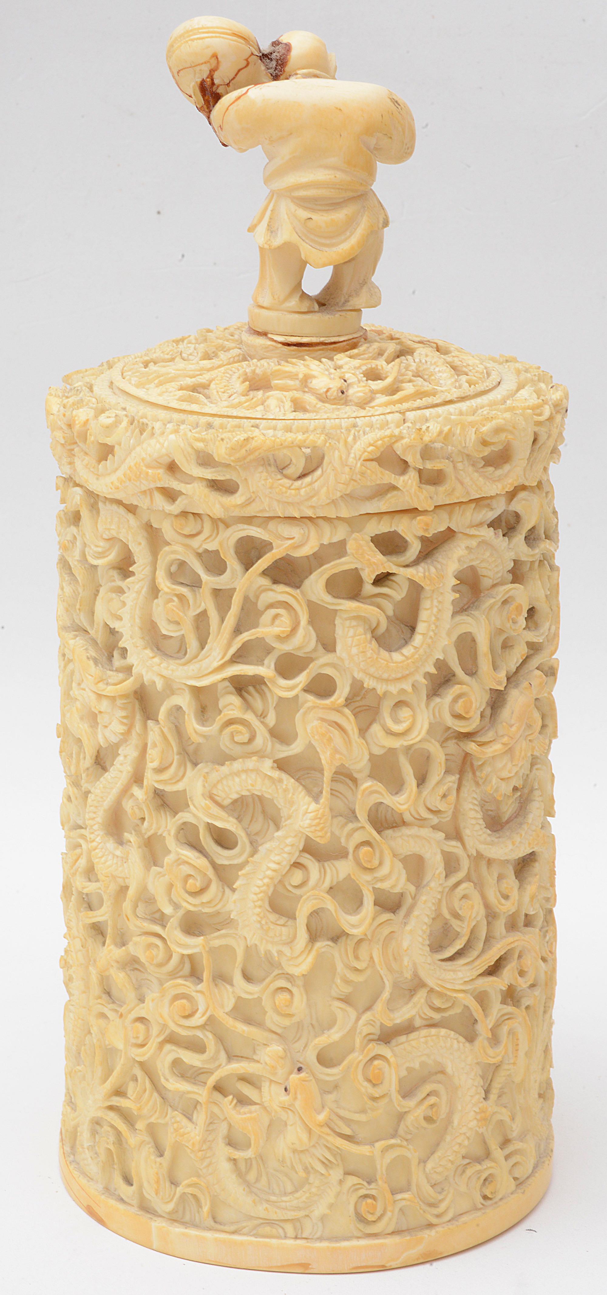 A late 19th c. Chinese Canton export carved ivory tusk pot and cover - Image 2 of 2