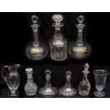 A collection of Victorian and later cut decanters and other glass