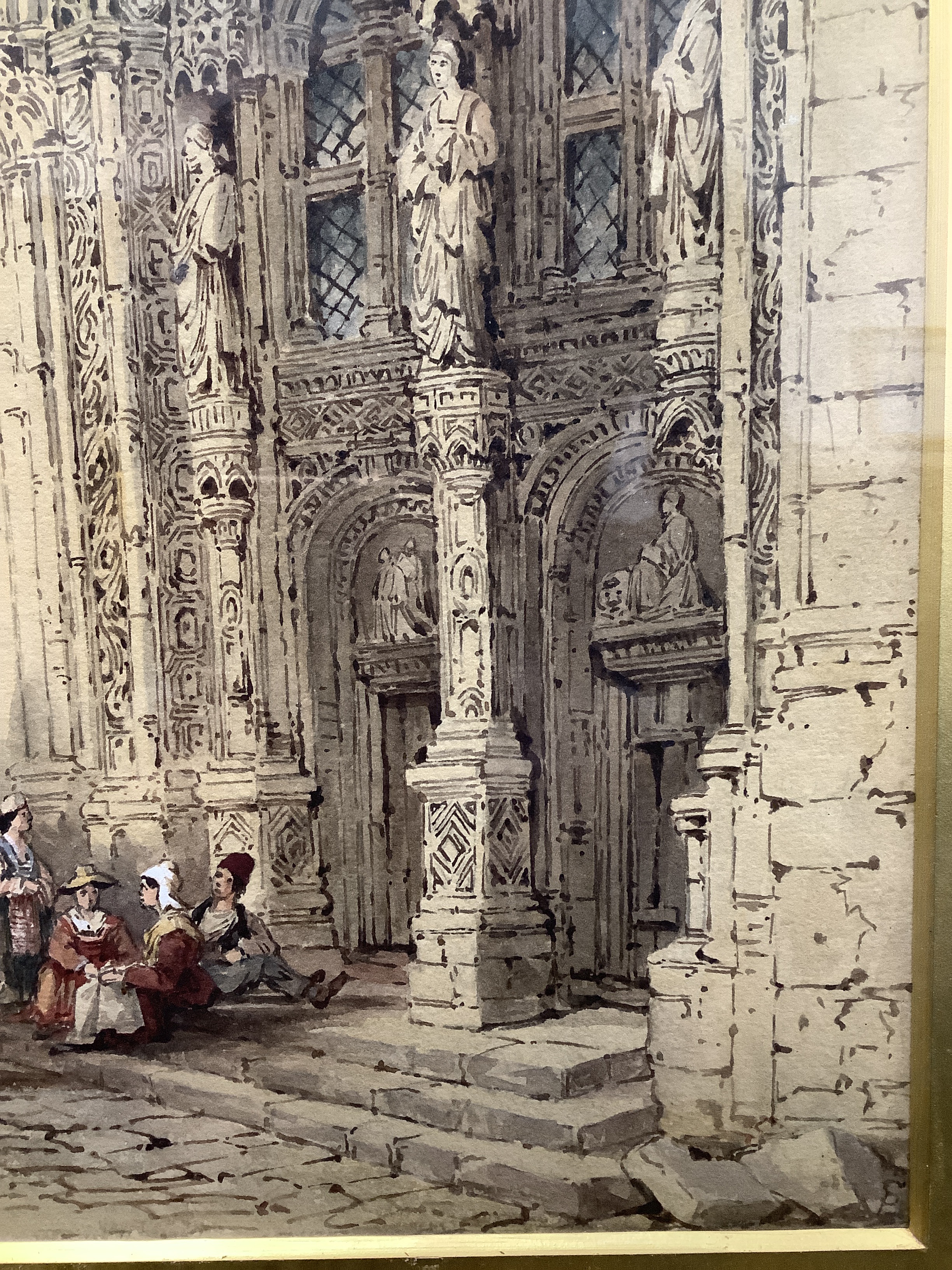 Manner of Samuel Prout (Brit., 1783-1852), 'Cathedral door with figures', watercolour - Image 3 of 6