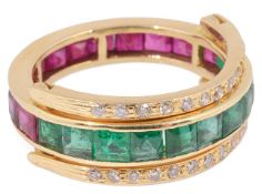 A contemporary, Continental ruby, emerald and diamond set reversible ring