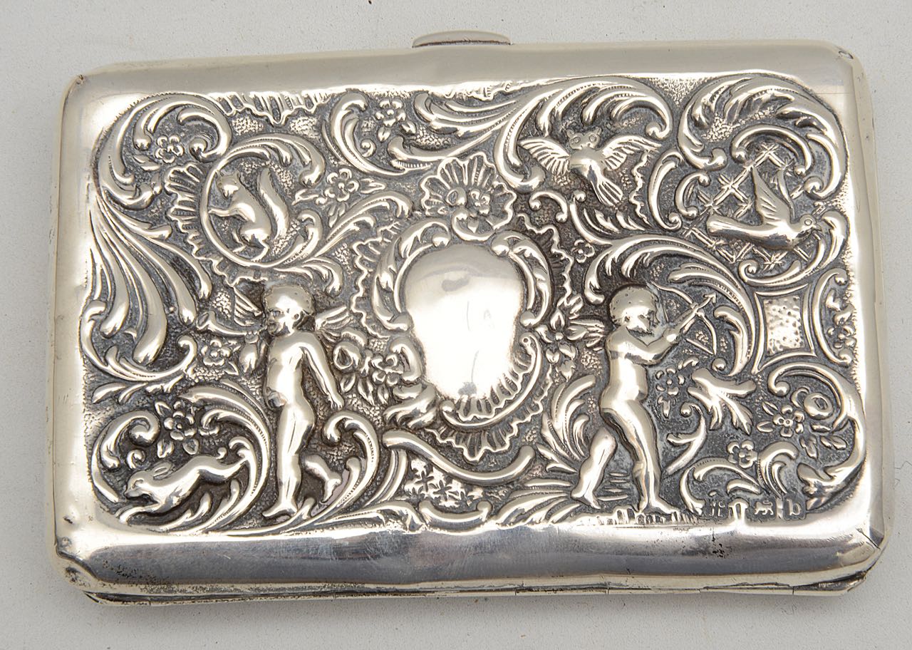 A late Victorian silver cigarette case, a George V silver hand mirror and a scent bottle - Image 3 of 3