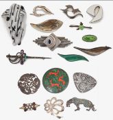 An interesting collection of Modern brooches including silver Scandinavian brooches and a Lea Stein