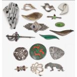 An interesting collection of Modern brooches including silver Scandinavian brooches and a Lea Stein