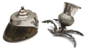 A late Vict. silver mounted horse hoof inkwell and a novelty electroplated inkwell