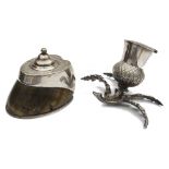 A late Vict. silver mounted horse hoof inkwell and a novelty electroplated inkwell