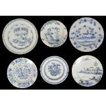 Six mid 18th Century English Delft plates