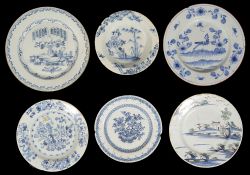 Six mid 18th Century English Delft plates