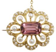 A Vict. pink tourmaline, pearl and 15ct yellow gold brooch