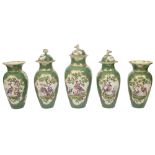 A rare First Period Worcester apple green ground garniture of five vases c.1775