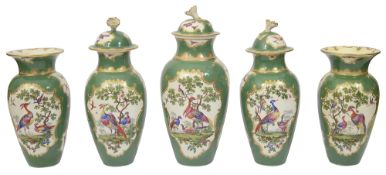 A rare First Period Worcester apple green ground garniture of five vases c.1775