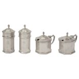 A matched George V silver four piece cruet set in George I style