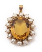 A citrine and pearl cluster pendant