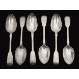 A set of six early Victorian silver fiddle pattern dessert spoons