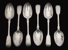 A set of six early Victorian silver fiddle pattern dessert spoons