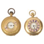A Continental ladies 18K gold and enamel half hunter fob watch