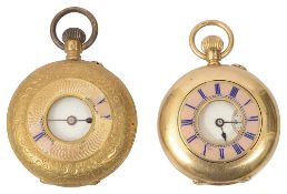 A Continental ladies 18K gold and enamel half hunter fob watch