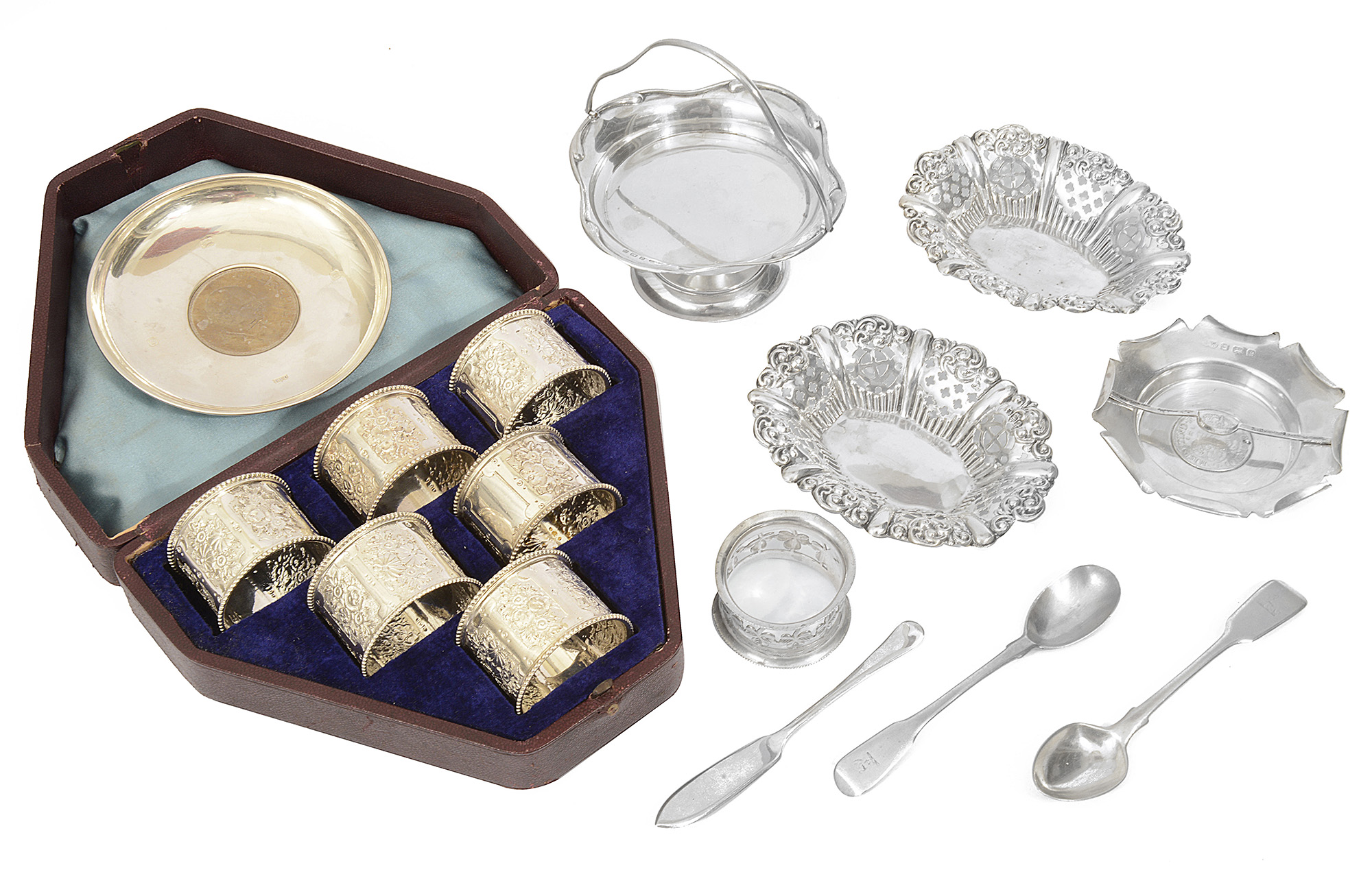 A mixed lot of silver to include an Edwardian swing handled pedestal bonbon dish