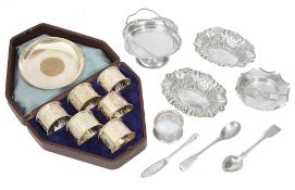 A mixed lot of silver to include an Edwardian swing handled pedestal bonbon dish