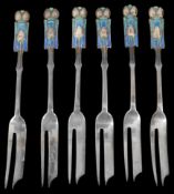 A set of six silver and enamel pastry forks, designed by Archibald Knox for Liberty & Co.