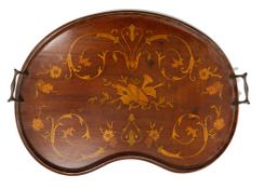 A late Victorian mahogany and marquetry inlaid kidney shaped tray