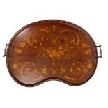 A late Victorian mahogany and marquetry inlaid kidney shaped tray