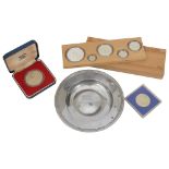 A modern silver armada dish and a small selection of proof coins