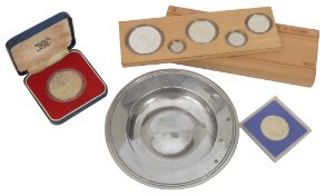 A modern silver armada dish and a small selection of proof coins