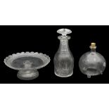 An early 19th c. cut glass tazza, a Prussian shaped decanter and stopper and a Vict. fly trap