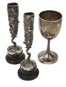 A pair of early 20th century Chinese export silver spill vases and a prize goblet