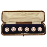 A Victorian set of six cased silver and guilloche enamel buttons