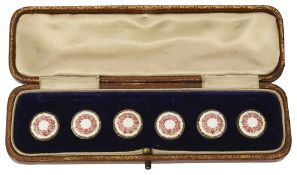 A Victorian set of six cased silver and guilloche enamel buttons