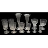 A late 18th c. engraved wine glass c.1790 and selection of 19th c. rummers and other glass