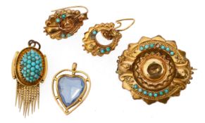 A Victorian turquoise set Etruscan style brooch and earrings