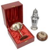 A modern silver champagne coupe, an Art Deco sugar caster and a silver lidded turned wood pot